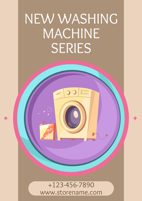 New Washing Machine Series Cartoon Illustrated Beige Poster tervezősablon