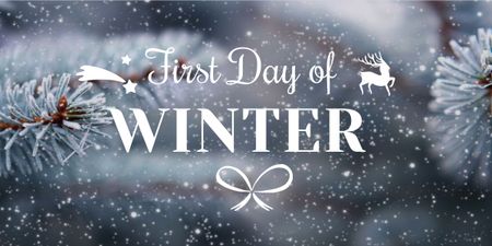 First day of winter lettering with frozen fir tree branch Image Design Template