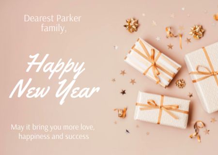 Platilla de diseño Cute New Year Greeting with Presents Card