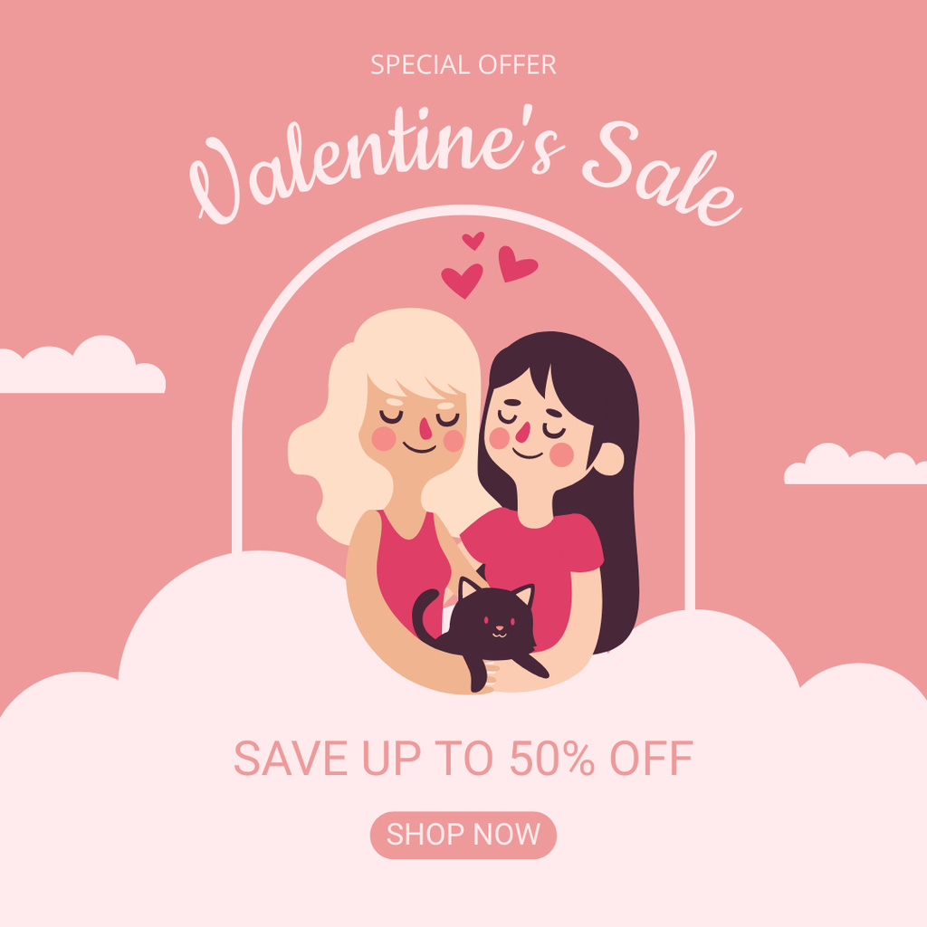 Valentine's Day Discount Offer with Young Girls and Cat Instagram AD Design Template