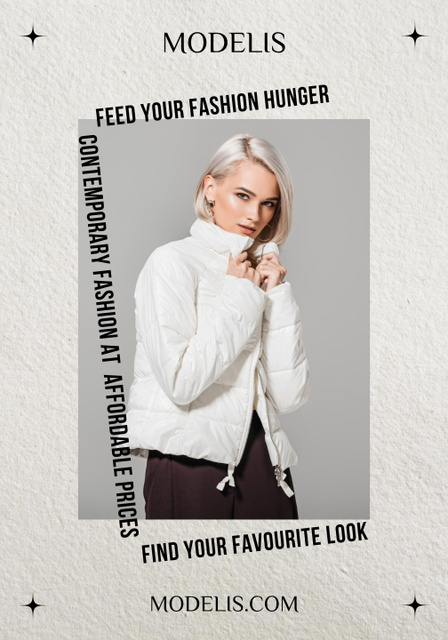 Fashion Ad with Woman in White Down Jacket Poster 28x40in Design Template
