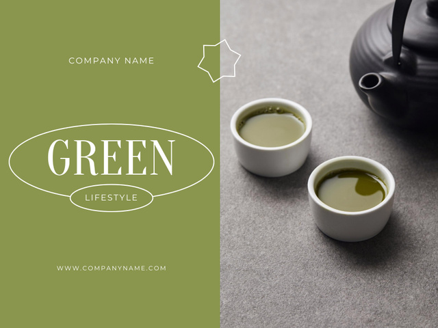 Designvorlage Black Teapot and White Cups with Matcha Tea Served für Poster 18x24in Horizontal