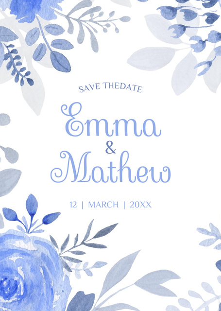 Wedding Announcement with Blue Watercolor Flowers Postcard A6 Vertical Tasarım Şablonu