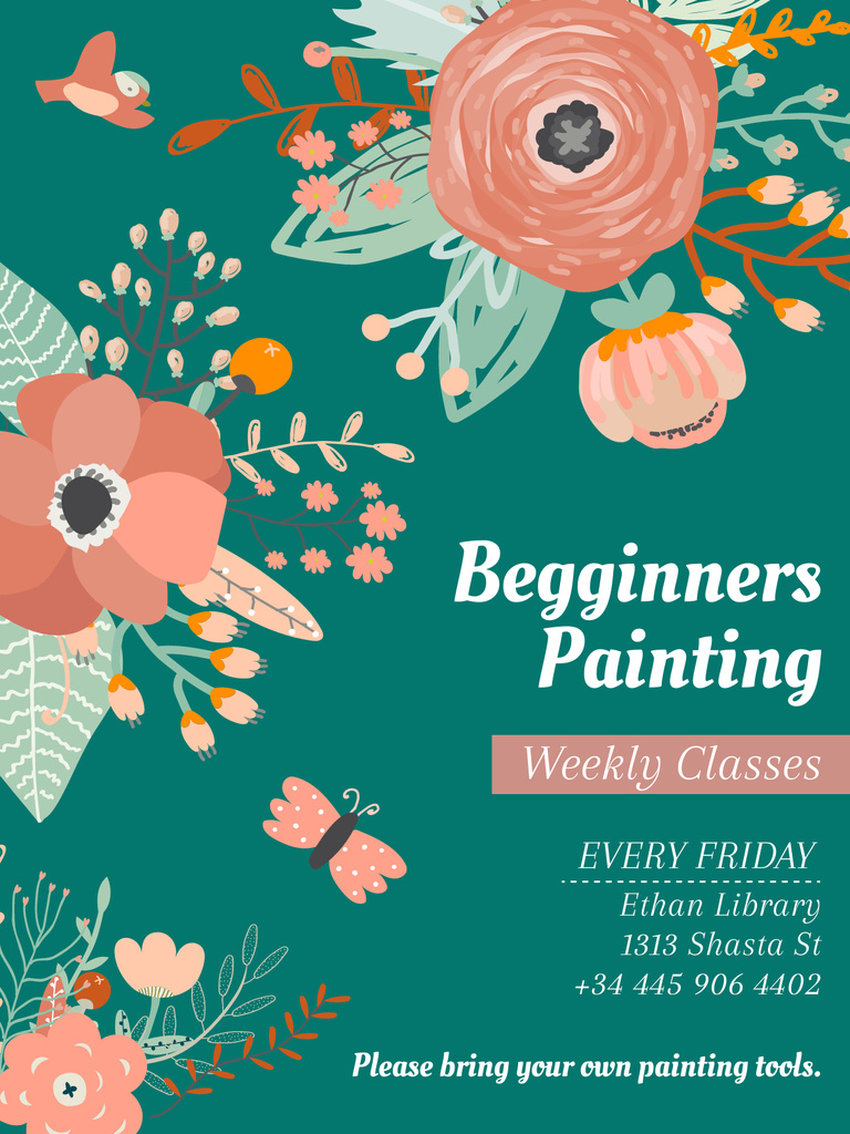 Painting Classes Ad Tender Flowers Drawing Poster USデザインテンプレート