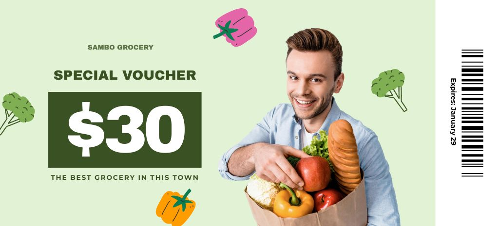 Voucher For Fruits And Veggies From Grocery Store Coupon 3.75x8.25in Tasarım Şablonu