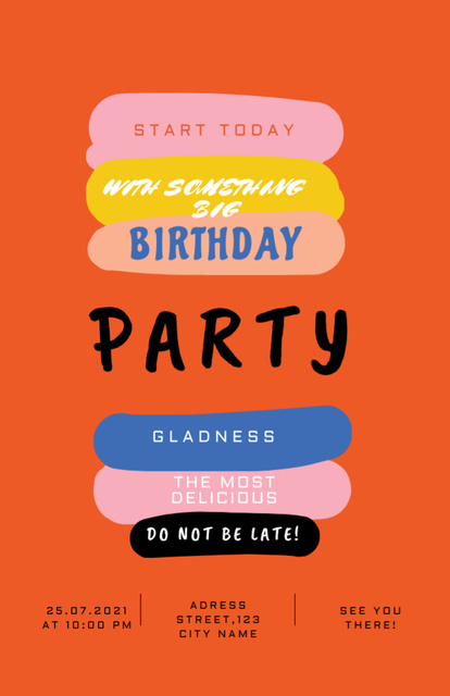 Birthday Party Bright Announcement In Orange with Stripes Invitation 5.5x8.5in Design Template