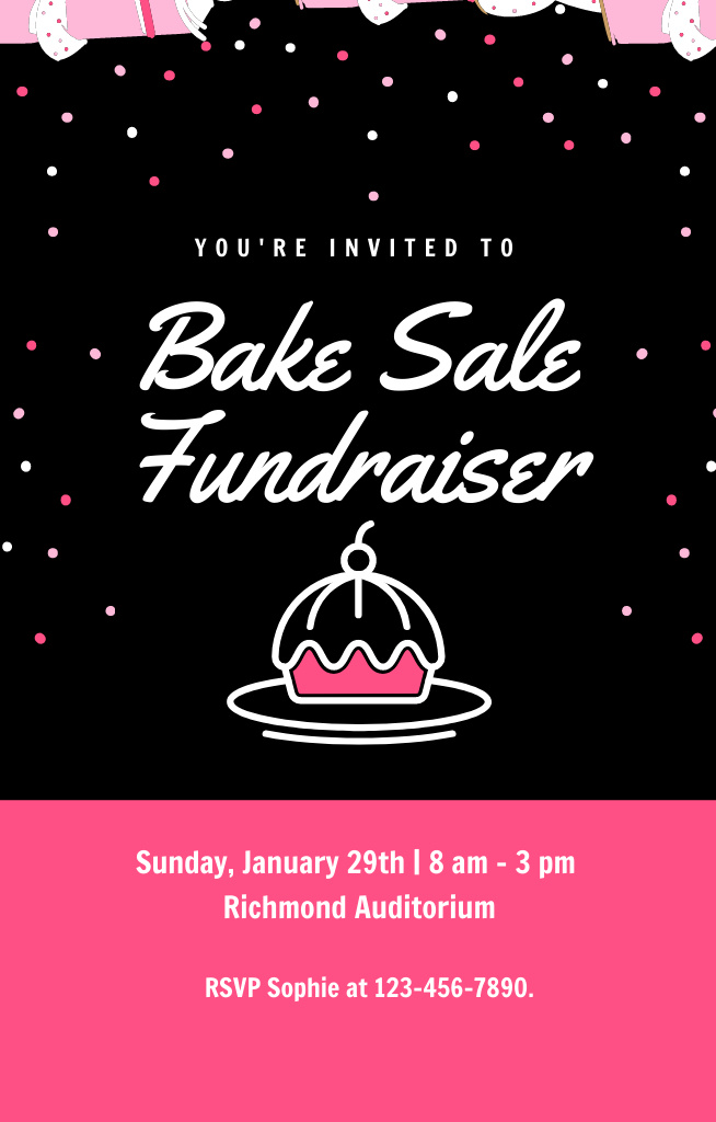 Bake Sale Fundraiser With Cupcake In Black On Sunday Invitation 4.6x7.2in Design Template
