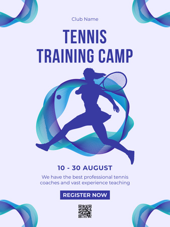 Ontwerpsjabloon van Poster US van Tennis trainingskamp uitnodiging met silhouet van speler