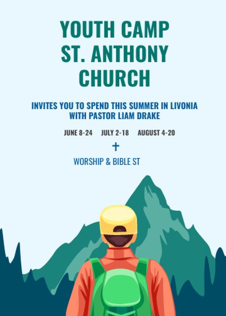 Youth Religion Camp Offer with Boy in Mountains Invitation Design Template