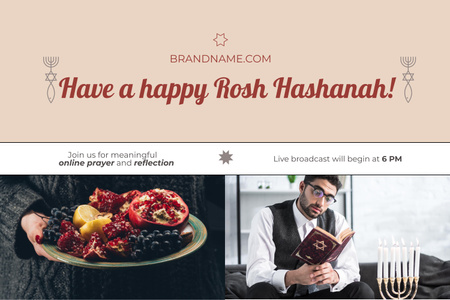 Designvorlage Frohe Rosh Hashanah-Grüße mit Früchten und Menorah für Mood Board