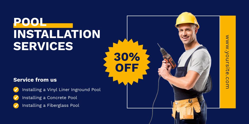 Professional Pool Construction Services Ad on Blue Twitter Design Template