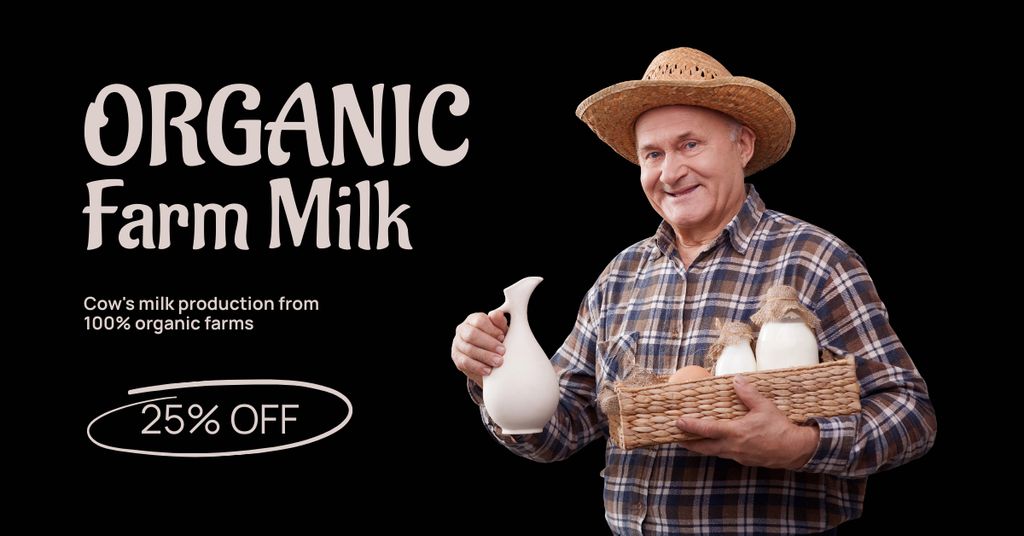 Ontwerpsjabloon van Facebook AD van Organic Farm Milk Discount Offer on Black