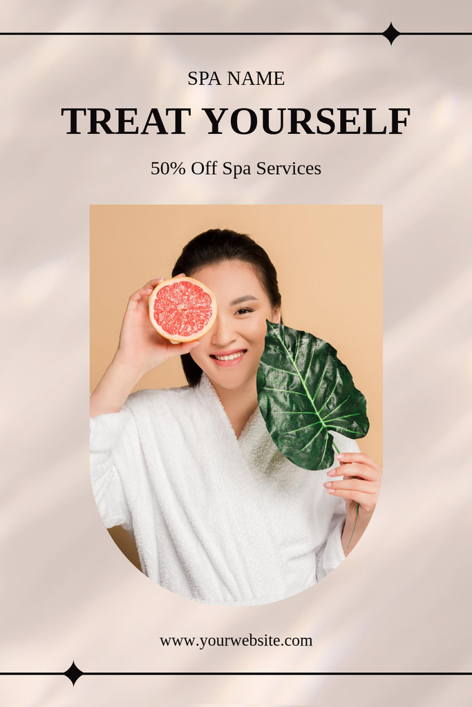 Plantilla de diseño de Spa Services Ad with Woman Holding Grapefruit Pinterest 