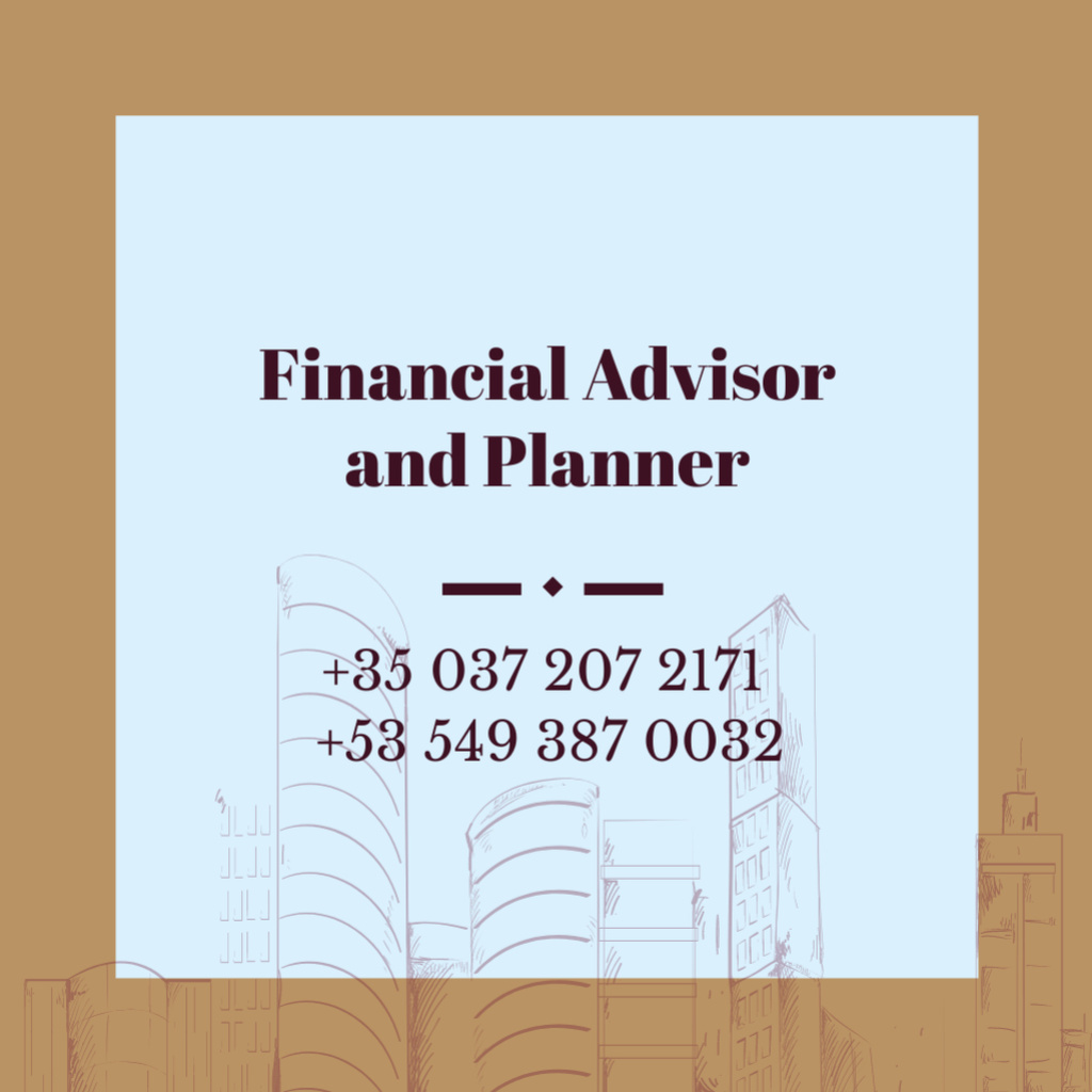 Financial Advisor and Planner Offer with Modern City Buildings Square 65x65mm Design Template