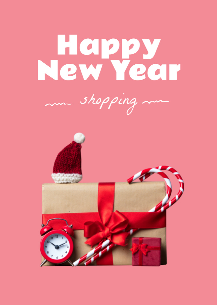New Year Shopping with Gift and Holiday Accessories Postcard 5x7in Vertical Πρότυπο σχεδίασης