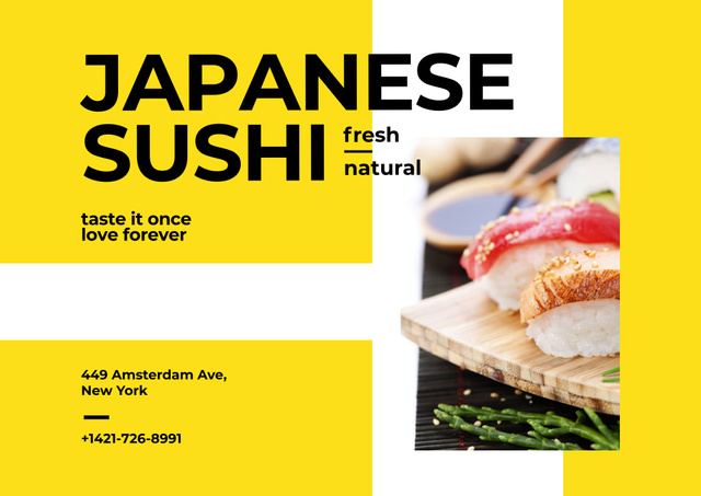 Plantilla de diseño de Restaurant Ad with Japanese Seafood Sushi on Wooden Plate Poster B2 Horizontal 