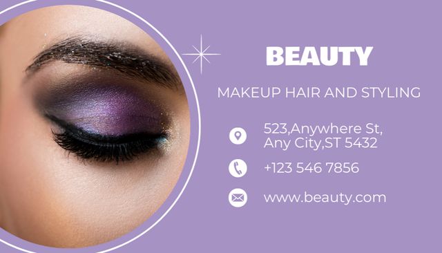 Szablon projektu Make-Up and Hair Styling Service Appointment Reminder on Purple Business Card US