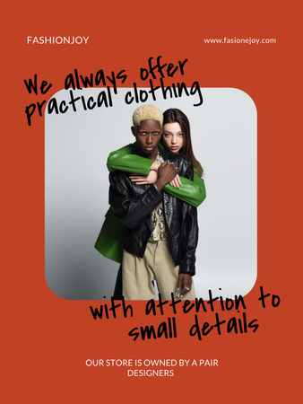 Fashion Ad with Stylish Multiracial Couple on Red Poster 36x48in – шаблон для дизайну
