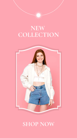 New Fashion Collection Ad with Young Smiling Woman Instagram Story tervezősablon