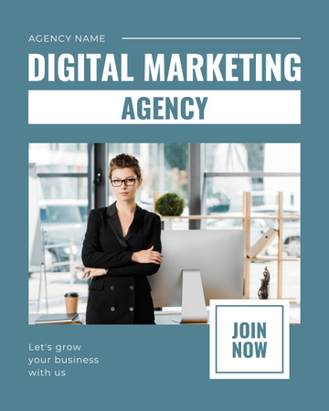 Designvorlage Digital Marketing Agency Services with Businesswoman in Glasses für Instagram Post Vertical