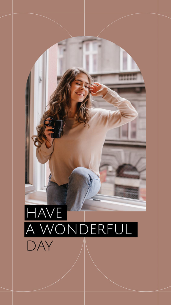 Happy Woman sitting on windowsill Instagram Story Design Template