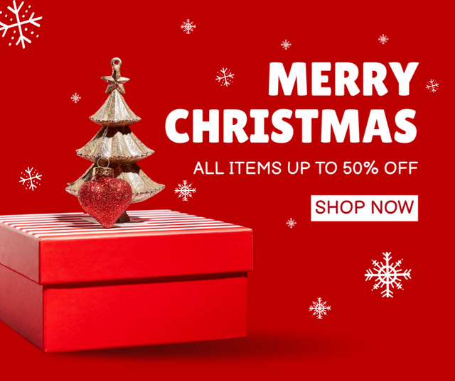 Red Gift Box and Decorative Golden Christmas Tree Facebook tervezősablon