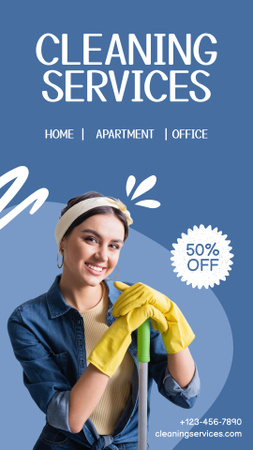 Modèle de visuel Annonce de services de nettoyage avec une femme en gants jaunes - Instagram Video Story