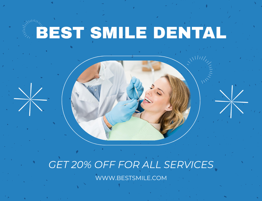 Designvorlage Happy Woman in Dental Clinic für Thank You Card 5.5x4in Horizontal