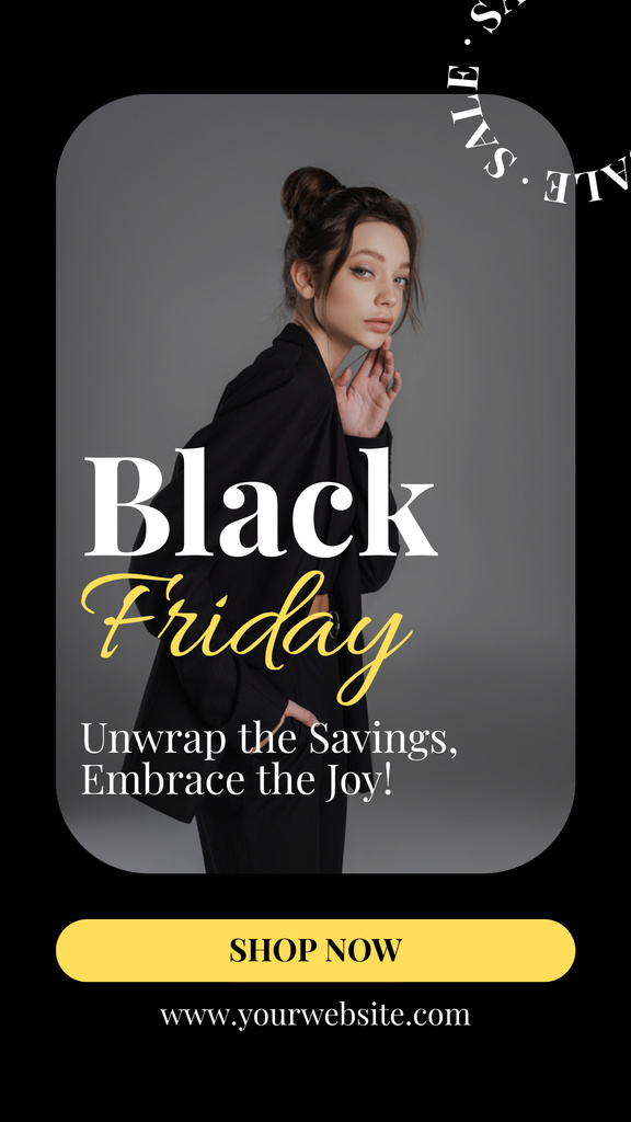 Black Friday Sale with Woman in Stunning Dark Outfit Instagram Story Šablona návrhu