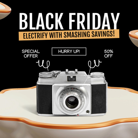 Platilla de diseño Black Friday Sale of Photo Cameras Animated Post