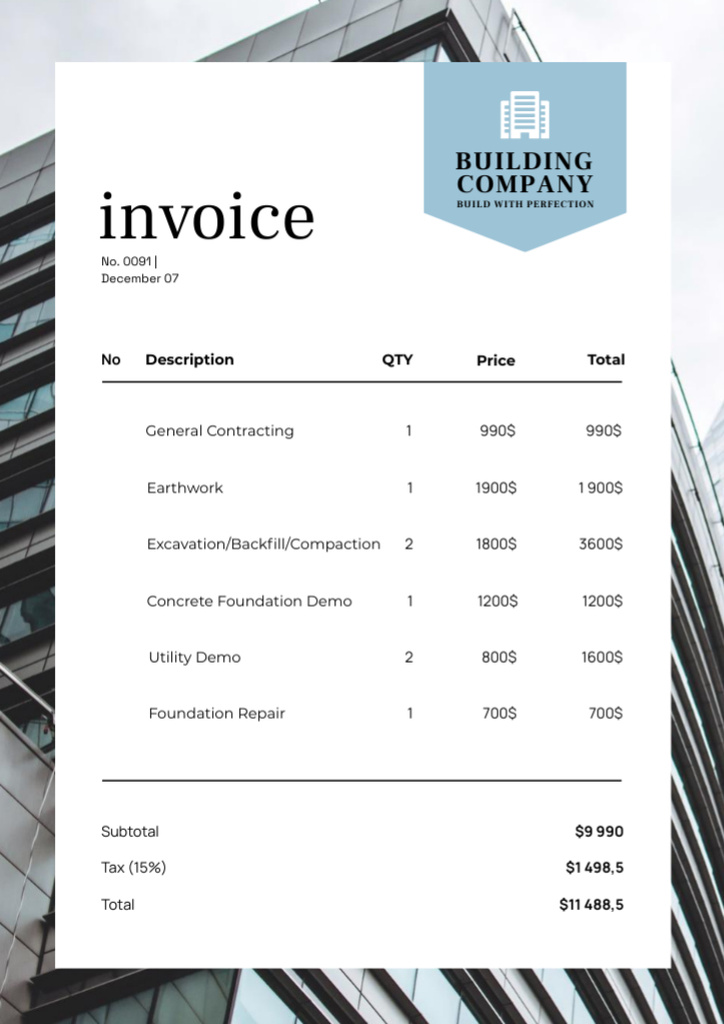 Plantilla de diseño de Construction Service Invoice with Modern Building Invoice 