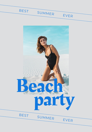 Szablon projektu Summer Party Announcement with Woman in Swimsuit on Beach Poster 28x40in