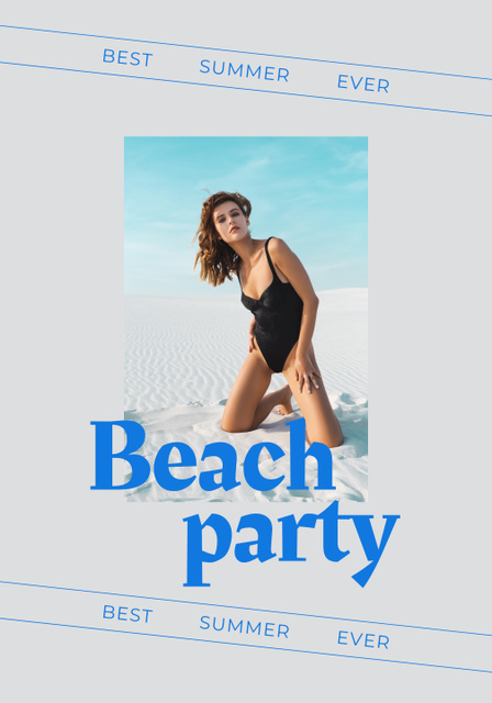 Summer Party Announcement with Woman in Swimsuit on Beach Poster 28x40in Modelo de Design