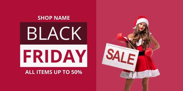 Black Friday Sale Ad with Woman in Santa's Costume Twitterデザインテンプレート