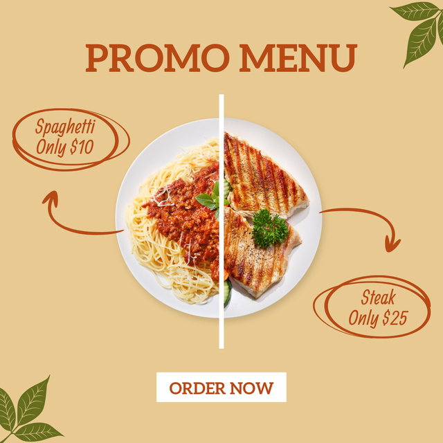 Food Menu Offer with Spaghetti and Steak Instagram Design Template