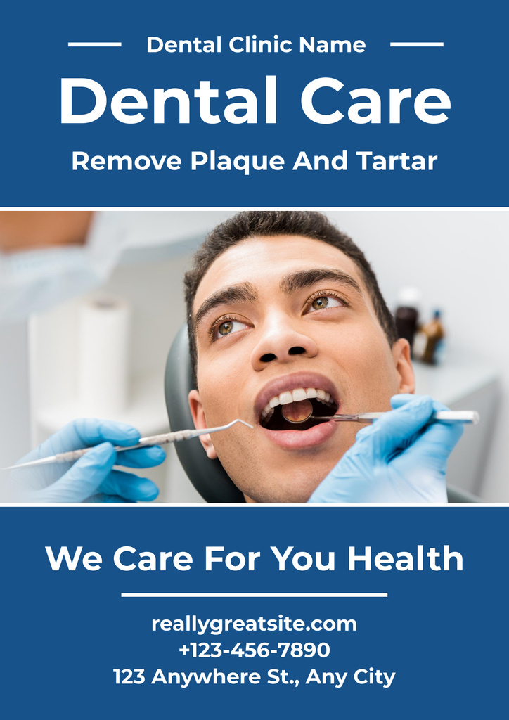 Ad of Dental Care Services with Patient Poster Πρότυπο σχεδίασης
