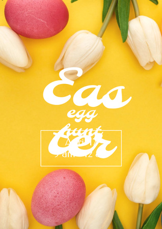 Plantilla de diseño de Easter Egg Hunt Announcement with Colorful Eggs and Tulips Flyer A4 