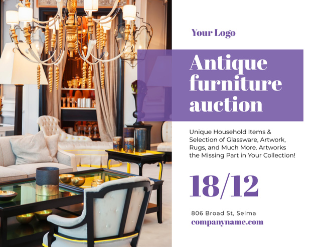 Template di design Old Luxury Furniture Auction Event with Vintage Wooden Decor Flyer 8.5x11in Horizontal