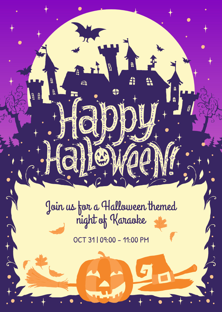 Enchanting Halloween Karaoke Night In Purple Flyer A6 Design Template