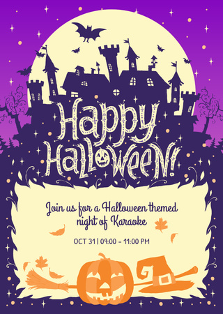 Platilla de diseño Halloween Karaoke Night Announcement with Scary House Flyer A6