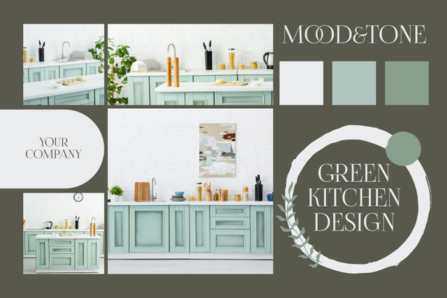 Kitchen Design in Green Tone Mood Board Πρότυπο σχεδίασης