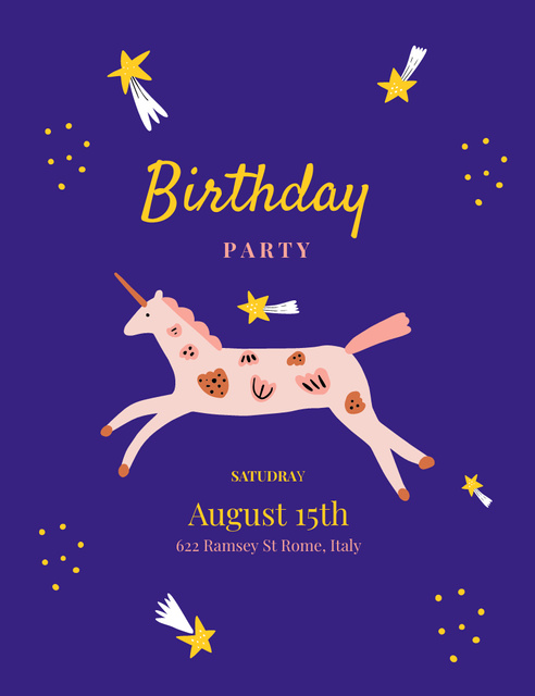 Szablon projektu Birthday Party Announcement with Unicorn on Purple Background Invitation 13.9x10.7cm