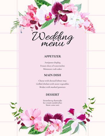 Rózsaszín esküvői ételek listája egzotikus virágokkal Menu 8.5x11in tervezősablon