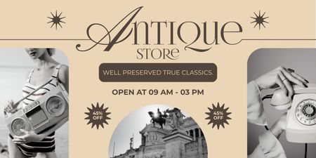 Nostalgic Stuff With Discounts Offer In Antique Store Twitter Design Template