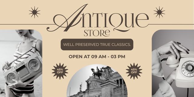 Nostalgic Stuff With Discounts Offer In Antique Store Twitterデザインテンプレート