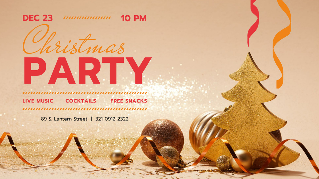 Christmas Party invitation with Golden Decorations FB event cover Design Template