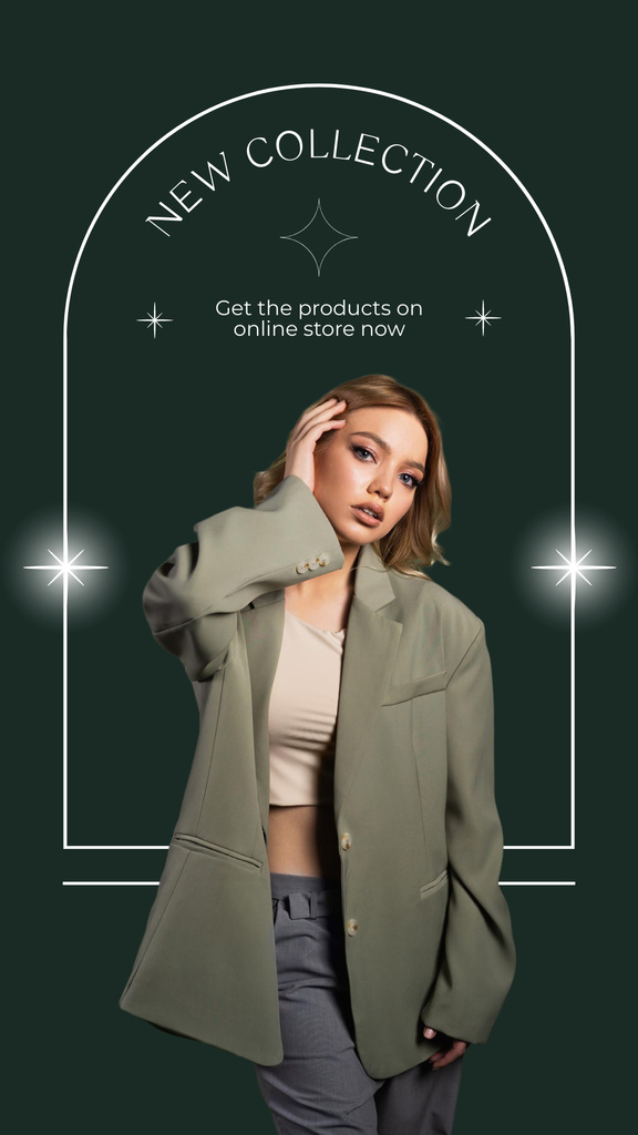 Young Woman in Green Jacket for Stylish Clothes Sale Ad Instagram Story Modelo de Design