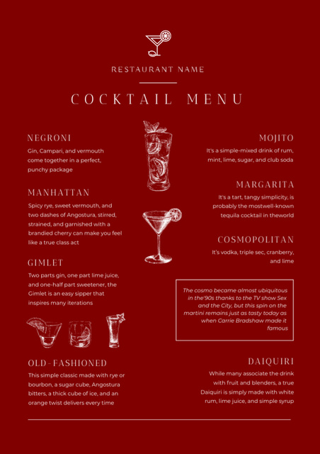 Cocktail Sketch in Stylish Minimal Maroon Menu Šablona návrhu