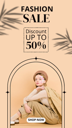 Female Fashion Clothes Sale with Girl in Beret Instagram Story Design Template