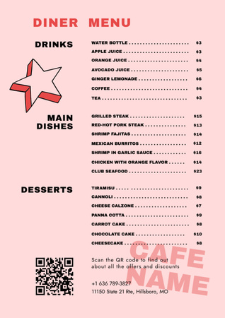Розовая простая закусочная или кафе в стиле ретро со звездой Menu – шаблон для дизайна